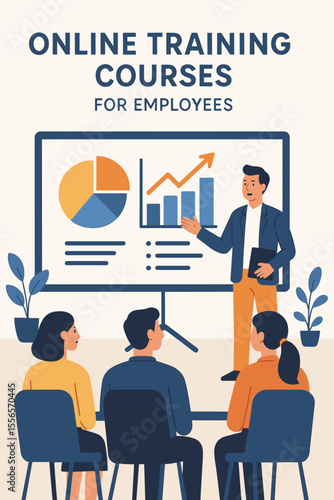 Online training courses for employees vector illustration. Corporate coach giving a business presentation. Seminar for staff development, skill enhancement, and data analysis growth.