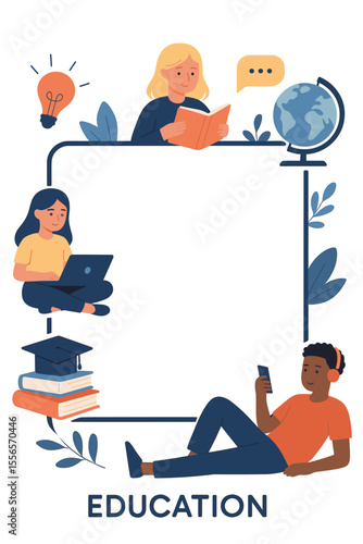 Modern Education Concept Frame. Diverse Students Learning with Books, Laptop, Smartphone, Graduation Cap, Globe, Lightbulb. Blank Space for Text. Knowledge, Study, Online Training, School Design