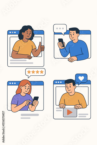 People interacting online vector cartoon set. Characters leave reviews with star ratings, send messages, watch video content and give likes. Social media communication and user feedback.