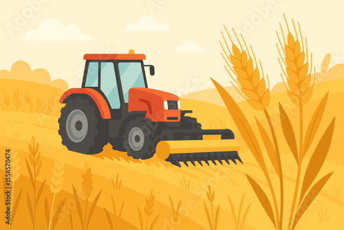 Tractor harvesting wheat crop in a golden field vector illustration. Agriculture and farming concept. Farm machinery at work in a rural landscape during harvest season. Flat cartoon.