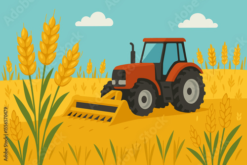 Modern flat vector illustration of a red tractor harvesting crops in a golden wheat field. Agricultural machinery working during harvest season. Farming, food production concept.