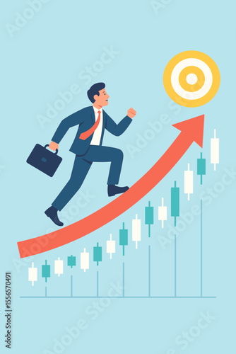 Businessman running on a growing stock market candlestick chart. Career growth and financial success concept. Ambitious investor runs up an arrow to the target. Goal achievement.
