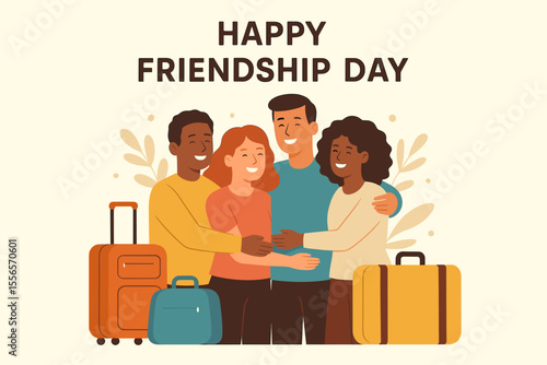 Happy Friendship Day celebration with diverse group of friends hugging, travel suitcases, togetherness, multicultural people, holiday vacation, friendship bonding, joyful gathering vector illustration