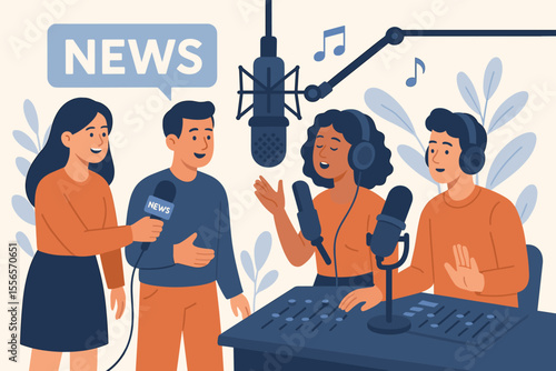 Radio Station Teamwork Concept. News Interview, Podcast Recording, Music Broadcast, Voice Acting, Sound Engineering, Microphone, Headphones, Studio Equipment. Flat Vector Illustration
