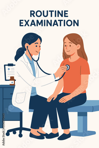 Routine Medical Examination Vector Illustration. Doctor Using Stethoscope to Check Patient in Clinic. Healthcare Consultation, Preventive Checkup, Medical Visit Concept. Modern Flat Cartoon Design