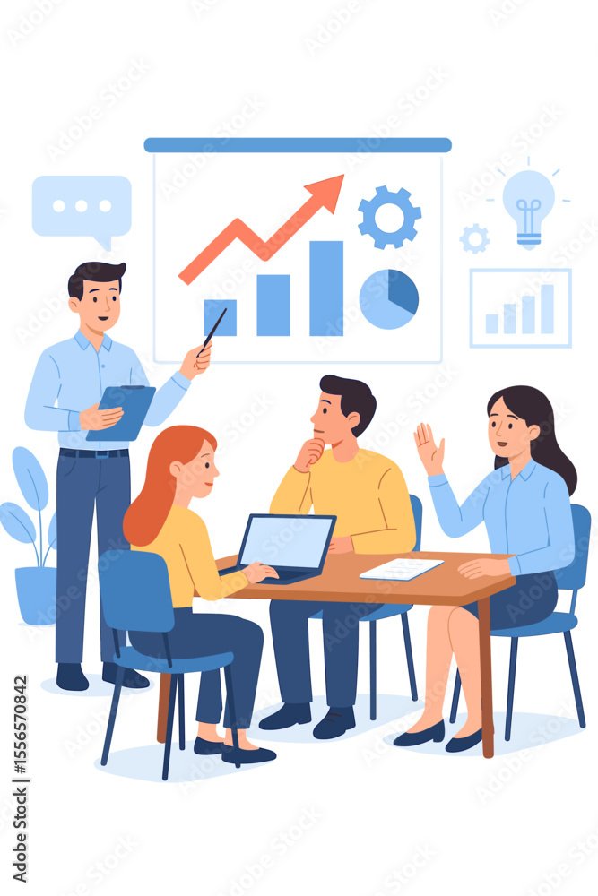Office staff training session, business team brainstorming, sales growth analytics, teamwork meeting, corporate strategy planning, modern flat vector illustration, workplace collaboration concept Office staff training session, business team brainstorming, sales growth analytics, teamwork meeting, corporate strategy planning, modern flat vector illustration, workplace collaboration concept
