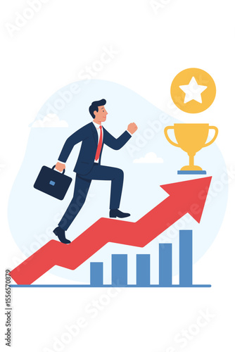 Businessman climbing red arrow graph to success, career growth motivation, reaching trophy goal, business achievement, leadership, progress, ambition, professional development, vector illustration