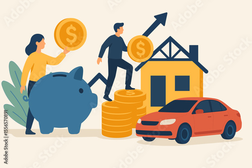 Financial investment and savings concept vector. People saving money, investing in real estate, buying car, piggy bank, coins, upward arrow, wealth growth, modern flat cartoon illustration