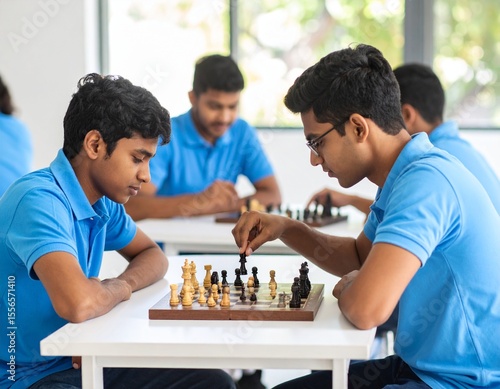 High school students engage in a thoughtful chess match in a bright classroom. Focused and competitive, they demonstrate strategic thinking and teamwork during a club activity