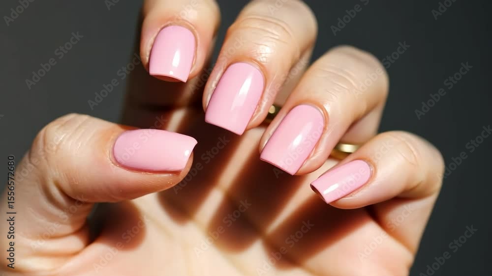 Close up of woman's hand with pink manicure on nails Close up of woman's hand with pink manicure on nails