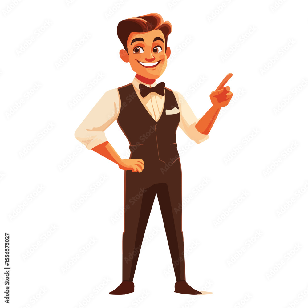 A waiter in a suit holds a tray. Waiter with a dish. Cartoon Vector A waiter in a suit holds a tray. Waiter with a dish. Cartoon Vector