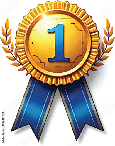Number one gold medal award with blue ribbon and laurel wreath for best achievement and success