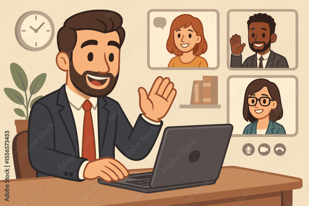 Businessman having a virtual conference call with a diverse team. Cartoon vector illustration of remote work, online meeting, and teamwork communication concept on a laptop screen. Businessman having a virtual conference call with a diverse team. Cartoon vector illustration of remote work, online meeting, and teamwork communication concept on a laptop screen.