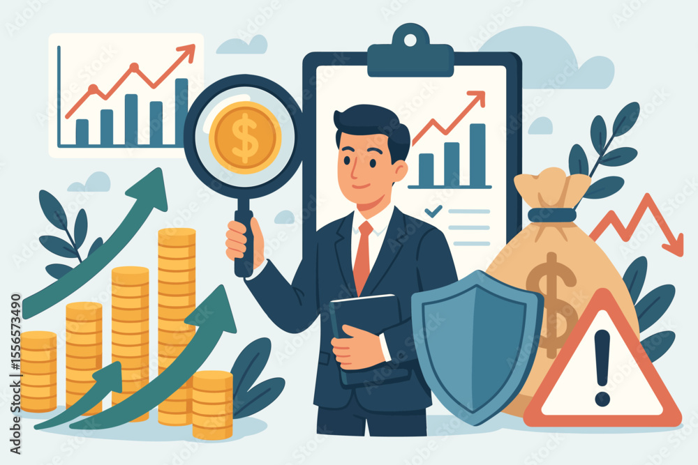 Investment analysis concept with businessman managing financial risks. Advisor with magnifying glass over coin. Portfolio growth, capital protection, and wealth management strategy. Investment analysis concept with businessman managing financial risks. Advisor with magnifying glass over coin. Portfolio growth, capital protection, and wealth management strategy.