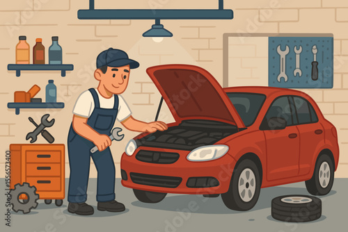 Auto service and maintenance concept. Mechanic in overalls repairing a car engine with a wrench in a garage workshop. Vehicle inspection and technical support cartoon vector illustration.