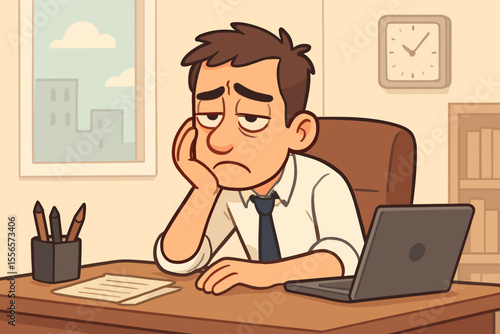 Tired office worker feeling professional burnout. Bored male employee at desk with laptop lacking motivation. Unhappy man suffering from stress and procrastination. Job dissatisfaction concept.