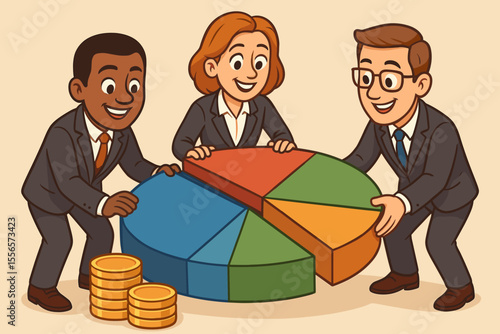 Business teamwork metaphor. Diverse colleagues dividing a financial pie chart. Profit distribution, market share, budget allocation. Financial analysis, revenue sharing, investment concept.