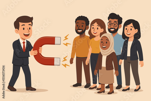 Businessman with magnet attracting diverse talent. Metaphor for recruitment, hiring and inclusion. HR manager building a multicultural team. Diversity in workplace concept vector.