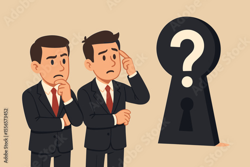 Two businessmen pondering a challenge or opportunity represented by a large question mark keyhole. Business concept of uncertainty, problem solving, future strategy, and decision making.