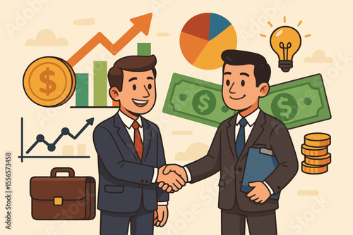 Vector cartoon of businessmen shaking hands. Business partnership, successful deal, and agreement concept. Financial investment, profit growth, and strategy with money and charts.