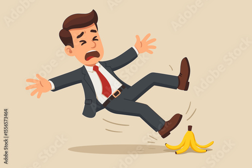 Business risk concept. Cartoon businessman falling down after slipping on a banana peel. Metaphor for accident, failure, crisis, danger, mistake, or unexpected problem.