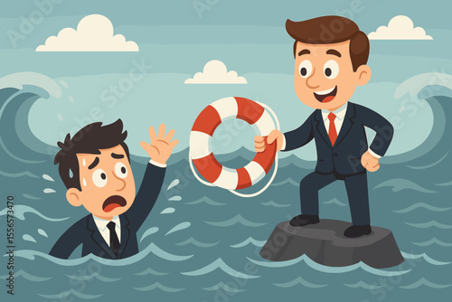 Business help and support concept. Manager offering a lifebuoy to a drowning businessman. Metaphor for crisis management, teamwork, financial aid, bailout, and survival strategy.