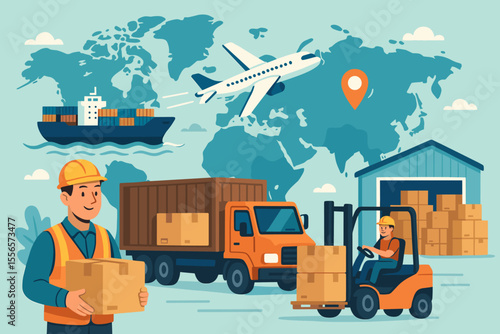 Logistics and supply chain concept for global shipping. Warehouse with workers, forklift, and truck. International freight transport by cargo ship and plane for import and export.
