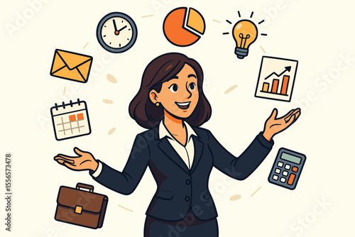Businesswoman multitasking concept. Skilled female manager juggling business icons. Time management, productivity, planning. Work efficiency, project management skill. Vector illustration.
