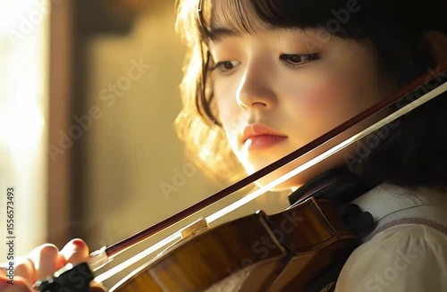 Young girl playing violin with focus in soft natural light  