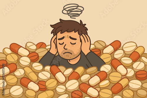 Vector concept of mental health crisis. Stressed and depressed man drowning in a sea of prescription medication and pills. Symbol of burnout, anxiety, despair, and drug addiction.