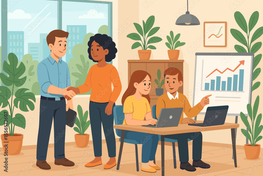 Healthy business environment with team collaboration. Diverse colleagues in a modern biophilic office sealing a deal with a handshake. People analyzing growth chart. Vector cartoon. Healthy business environment with team collaboration. Diverse colleagues in a modern biophilic office sealing a deal with a handshake. People analyzing growth chart. Vector cartoon.