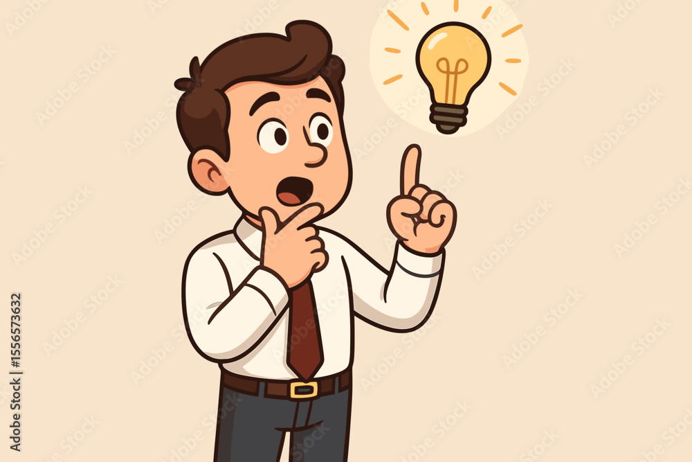 Creative idea concept. Businessman pointing at a glowing light bulb. Symbol of innovation, discovery, and problem-solving. Cartoon vector character illustration finding a solution. Creative idea concept. Businessman pointing at a glowing light bulb. Symbol of innovation, discovery, and problem-solving. Cartoon vector character illustration finding a solution.