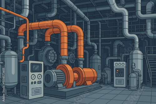 Industrial power plant interior with complex machinery, pipes, and equipment. Vector cartoon illustration of a factory engine room with pumps, motors, and control panels. Manufacturing concept.