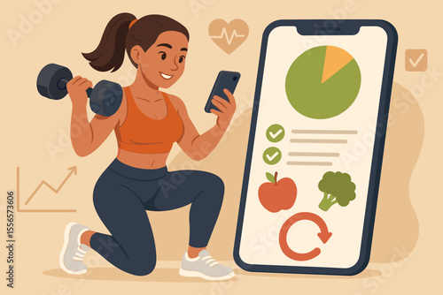 Woman with dumbbell using fitness app for workout tracking and diet plan. Healthy lifestyle concept with mobile nutrition tracker, progress chart, and exercise checklist. Vector.