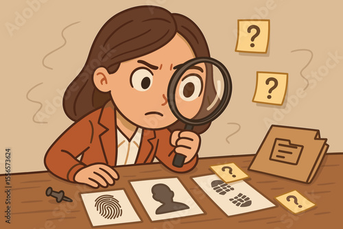 Woman detective character with magnifying glass examining clues. Concept of investigation, mystery, and solving crime. Evidence board with fingerprint, footprint, and case file. Vector illustration