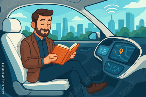 Man reading a book inside a self-driving autonomous car. Future transport and driverless vehicle technology concept. Relaxed passenger enjoying a commute in a smart city. Vector.