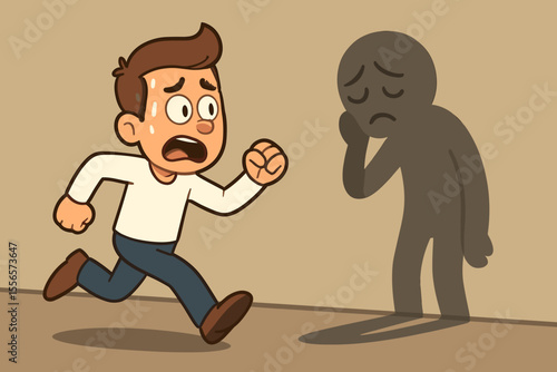 Man running away from his sad shadow. Metaphor for mental health, anxiety, and depression. Psychology concept of avoiding inner demons, fear, problems, or negative thoughts.