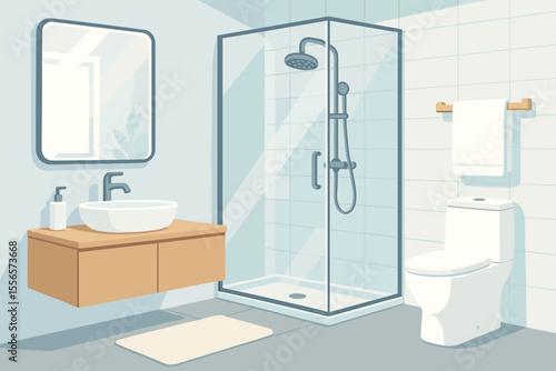 Modern minimalist bathroom interior vector. Bright clean design with glass shower, wall mirror, floating vanity, toilet, towel rack, ceramic sink, tiled walls, contemporary home decor illustration