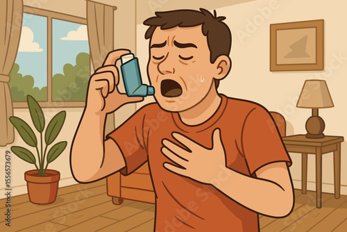 Asthma attack concept with man using medical inhaler for treatment. Cartoon character suffering from shortness of breath, respiratory disease, allergy, and lung problems.