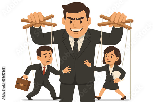 Corporate Manipulation Control Concept. Manager as Puppet Master Controlling Employees with Strings. Business Power Abuse, Workplace Domination, Hierarchy, Leadership, Authority Vector Illustration
