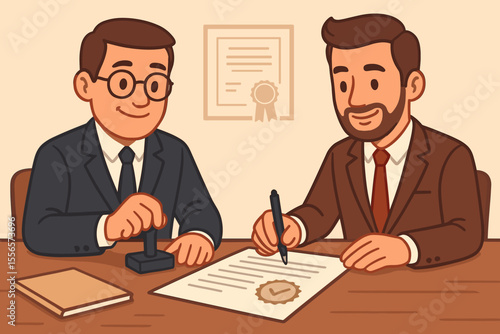 Notary public and businessman in formal suits signing and stamping official legal documents, certification, validation, contract approval, agreement, partnership, cartoon vector illustration