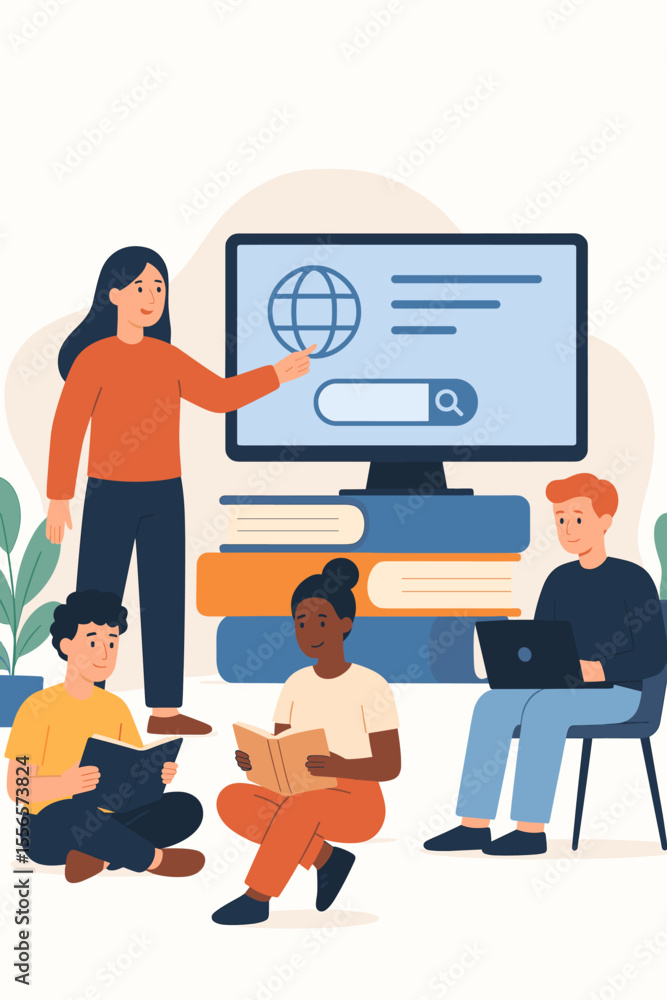 Obraz premium Diverse group of young people learning with books and digital technology, modern classroom education, teamwork, online research, students studying together, flat vector illustration
