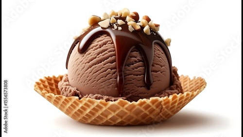Chocolate ice cream scoop with rich chocolate syrup and crunchy nuts served in a crispy waffle bowl on white