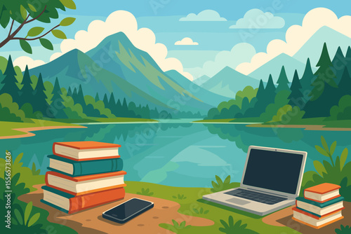 Peaceful lakeside study scene with books, laptop, smartphone, and mountain landscape. Remote learning outdoors, nature education, digital nomad workspace, vector cartoon illustration