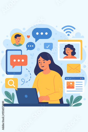 Modern flat vector illustration of online communication, social networking, chat, video calls, instant messaging, email, web search, news, mobile devices, digital collaboration, internet connectivity