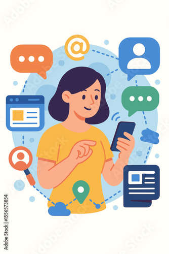 Modern flat vector illustration of woman using smartphone for online communication, social networking, chatting, messaging, news updates, web browsing, friend search, mobile internet, digital media