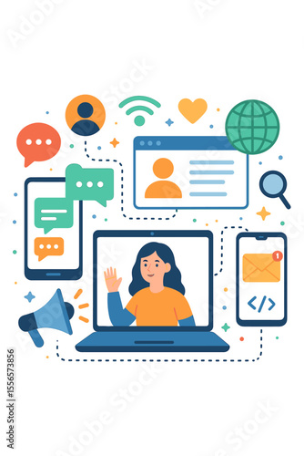 Colorful vector illustration of online communication, social networking, internet chat, video calls, news, instant messaging, website interaction, mobile notifications, global digital connectivity
