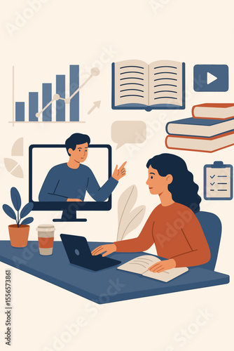 Distance Learning and Online Education Concept. Student at Home Desk with Laptop, Books, Coffee. Virtual Course, Business Analytics, E-Learning, Online Tutorials, Exam Preparation, Digital Study Tools