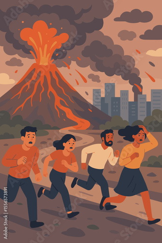 Volcanic eruption disaster in city, people running in panic, lava and ash explosion, urban evacuation, emergency escape, natural catastrophe, flat vector illustration, crisis response concept