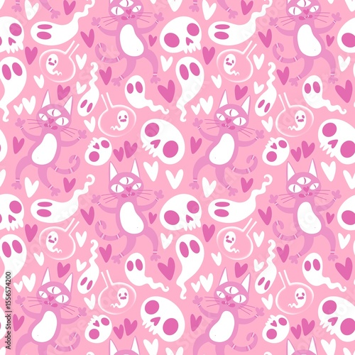 Halloween animals seamless cats pattern for wrapping paper